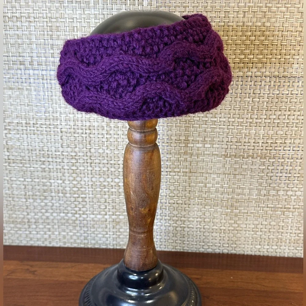 🌟HP🌟Hand-Knitted Aubergine (Purplish) Cable Knit Ear Warmer Nepal - Picture 4 of 7